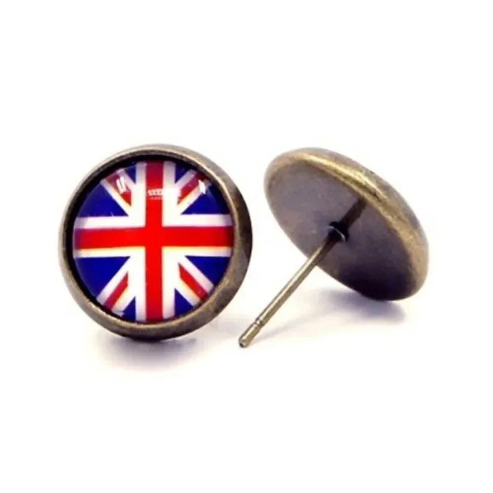 Antique Brass Union Jack UK Flag Glass Cabochon Earrings Rose Tyler Doctor Who